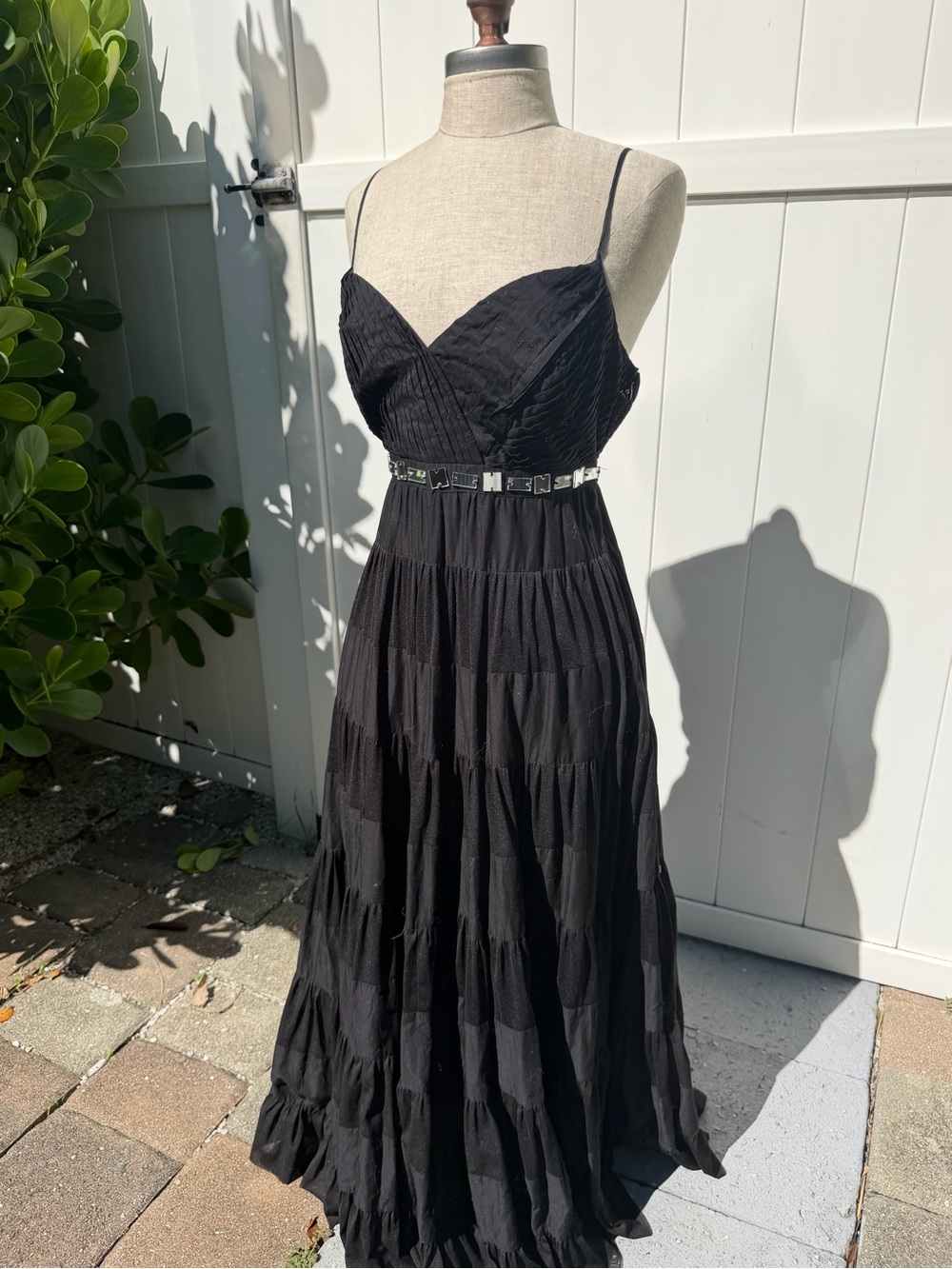 Vintage Black Tiered Spaghetti-Strap Maxi Dress with mirrored belt detail